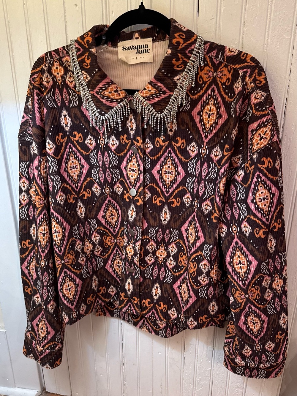 Savanna Jane Brown Pink Patterned Beaded-Collar Button Front Top